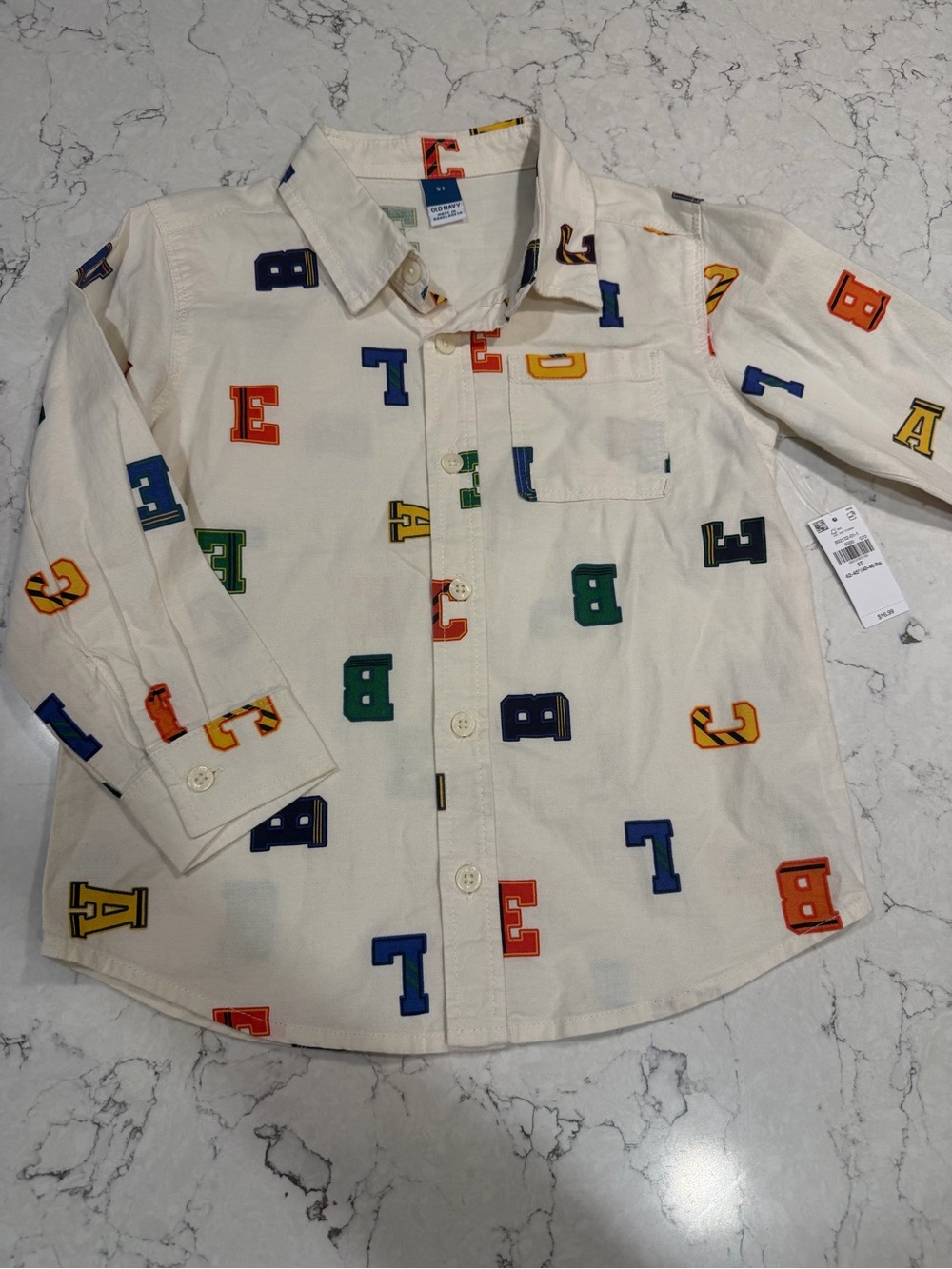 Old Navy Cream Button-Down Shirt with Multicolor Letter Print